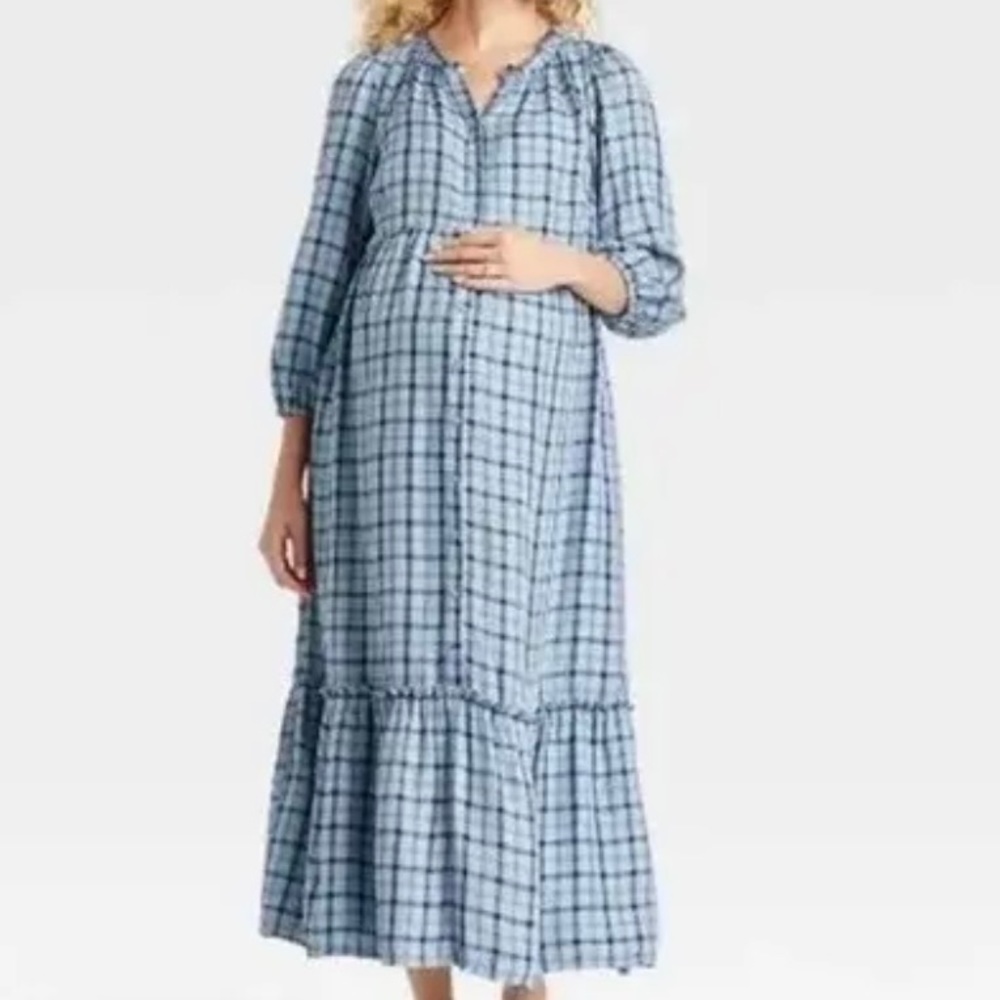 Isabel Maternity, blue plaid long sleeve maxi style dress Sz XS NWT